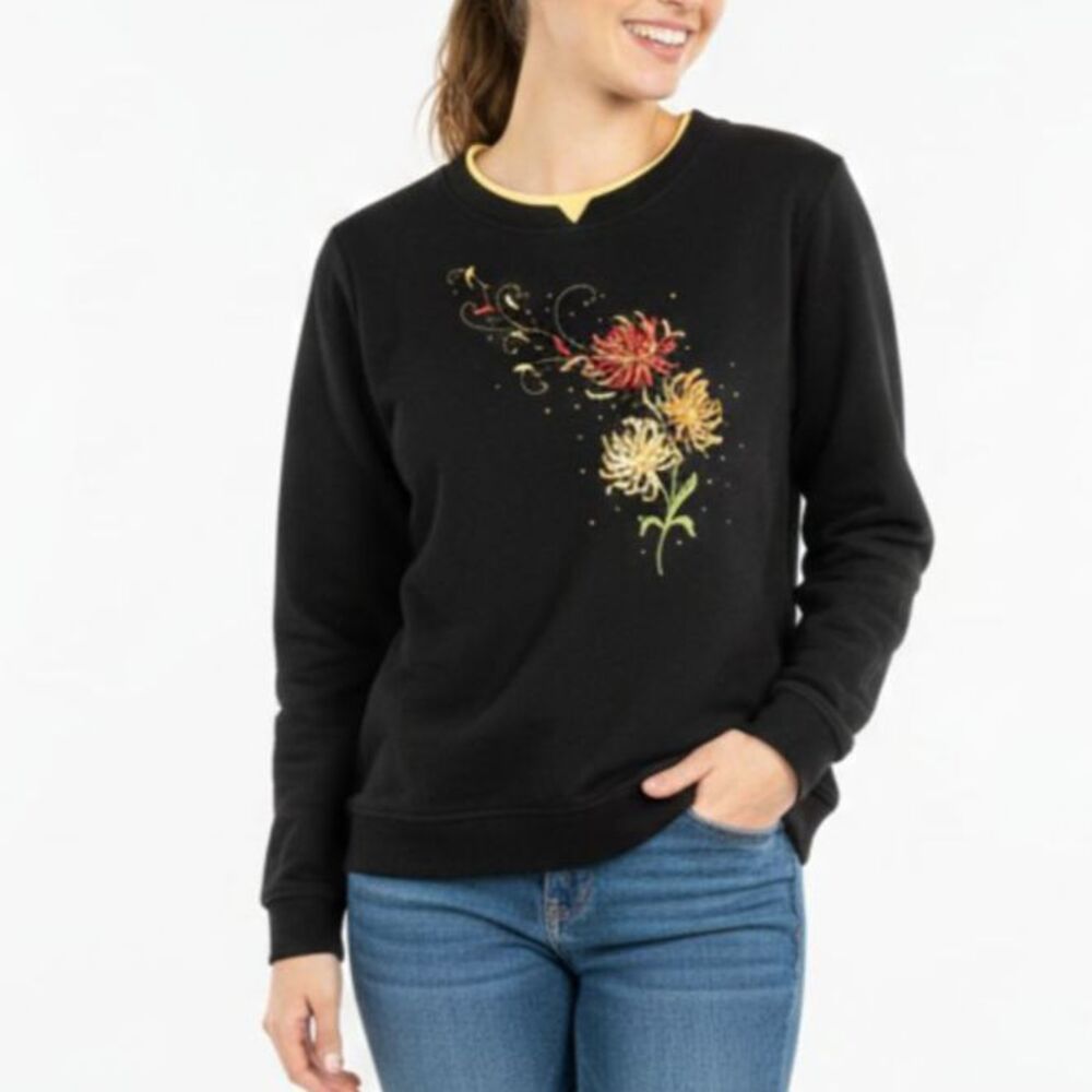 Breckenridge Women's Black Gold Trim Floral Embroidered LS Sweatshirt Size XL